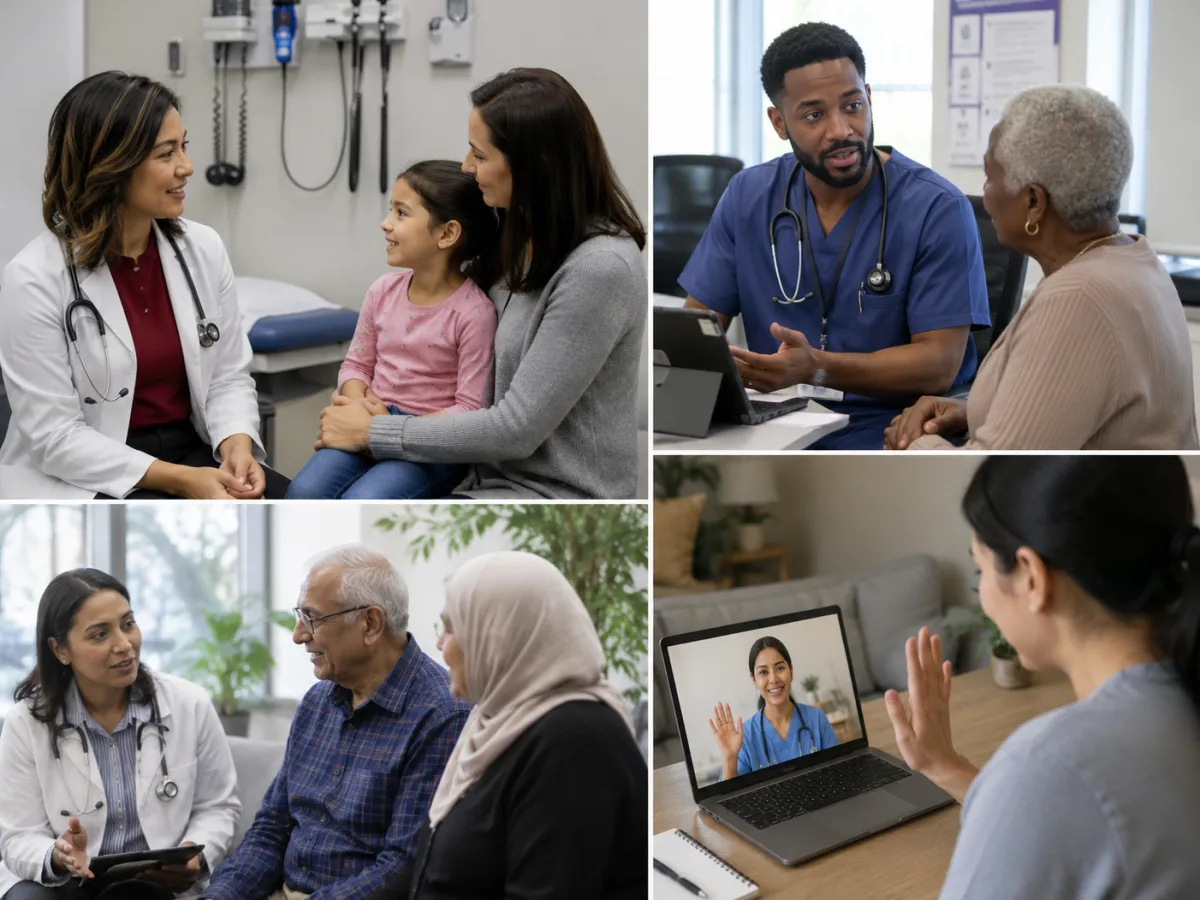 Collage of multicultural doctors providing compassionate in-person and virtual care to children, adults, and older patients in modern healthcare settings.